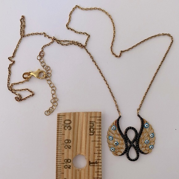 925 Silver angel wings necklace evil eye cz 18k yellow gold plated - Picture 3 of 3